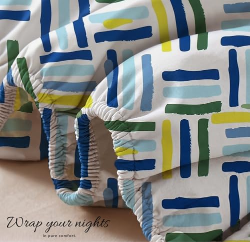 Image of BSB HOME 220 TC Cotton Fitted Single Bedsheet with 1 Pillow Cover, Soft Breathable, Elastic Fit, Fade Resistant, Easy Care - 36 x 72 + 6 Inches (Ocean Breeze Multi)