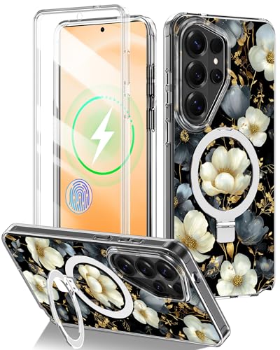 Casetego for Galaxy S26 Ultra Case,Magnetic Invisible Stand,Compatible with MagSafe & Built-in Screen Protector,Unique Design Full Shockproof Drop Protection Cover for Galaxy S26 Ultra,Black Flower