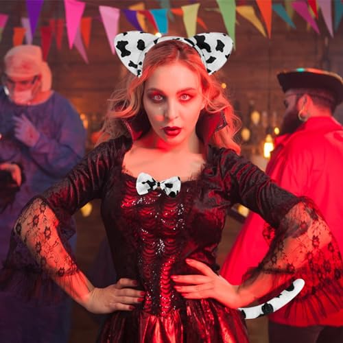 GAROMIA Dalmatiner Kostüm Set 4 Stück Dalmatiner Ohren Hund Schwanz Fliege Socken Tier Kostüm Set Hunde Fasching Party Halloween Zubehör für Damen Kinder Cosplay Maskerade Schwarz Weiß