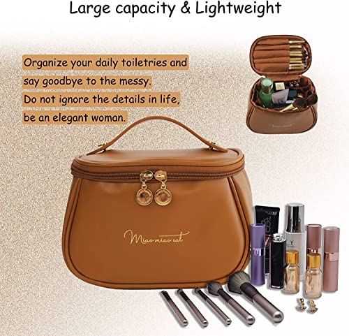 Image of ARLICORPING Makeup Storage Bag, Portable Cosmetic, PU Leather Multifunctional Vanity Bag for Makeup,Cosmetic Brush Case, Cosmetic Travel Bag for Women Organization Bag with Handle(Brown)