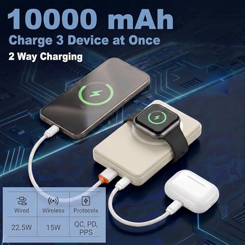 Image of Energizer 22.5W Fast Charging Wireless Power Bank 10000mAh, 15W Qi Wireless, USB-C PD + QC Output, Compact Portable Charger for iPhone, Samsung, Android | Travel Friendly | 1 Yr Warranty | Beige