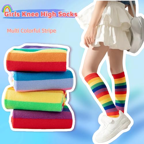 DXTON Girls Rainbow Knee High Socks: Kids Crazy Cotton Long Socks 3-12 years, Novelty Dancing Fun Gift4
