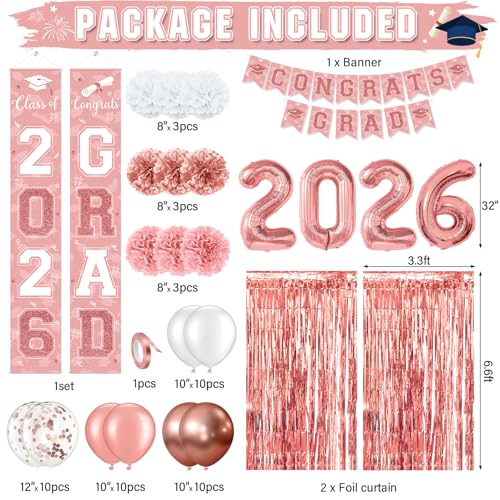 Image of Graduation Party Decorations Class of 2026, Graduation Decorations with Congrats Grad Banner Fringe Foil Curtain Paper Flower Ball Balloons for High School College Graduation Party Supplies, Pink