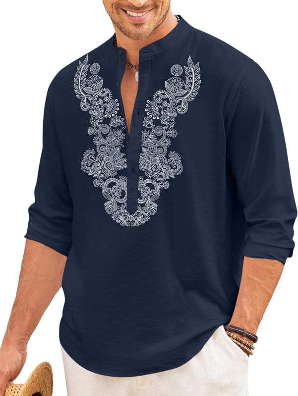 Image of FINIVO FASHION Men's Cotton Blend Short Kurta with Full Sleeves and Ethnic Neck Design | Casual Crinkle Texture Kurta with Mandarin Collar