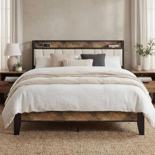 Image of LIKIMIO Full Size Bed Frame with Storage Headboard & Charging Station | Upholstered Headboard, Storage Shelf, Solid and Stable, Noise Free, No Box Spring Needed, Easy Assembly (Walnut and Beige)