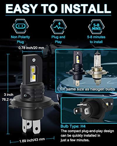 OPL5 H4 LED Headlight Bulbs, Hi/Lo Beam 40W 12000LM 6000K Super Bright Upgraded Chips CanBus H4 LED Bulbs Mini Design All in one H4 LED Car Headlight Conversion Kit (2PCS)