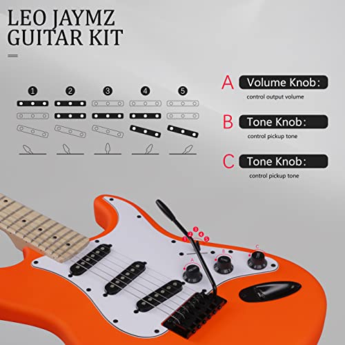 Leo Jaymz 39 Inch Full Size Electric Guitar Kit Electric Guitar Beginner Kits - 20W Amplifier，Digital Tuner，Carring Bag，Shoulder Strap,Connecting Cable (Fluorescent Orange) #TOP5
