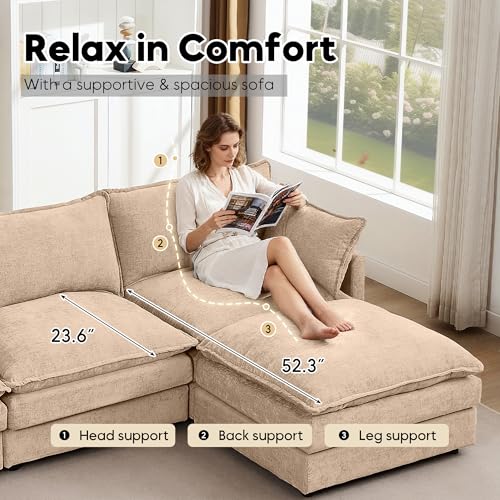 Image of 102 inch L Shaped Modular Sectional Sofa, Comfy Upholstery Chenille Cloud Couch with Ottoman, Modern 4-Seat Deep Seat Sofa with Pillow for Living Room, Bedroom, Apartment, Coffee Brown