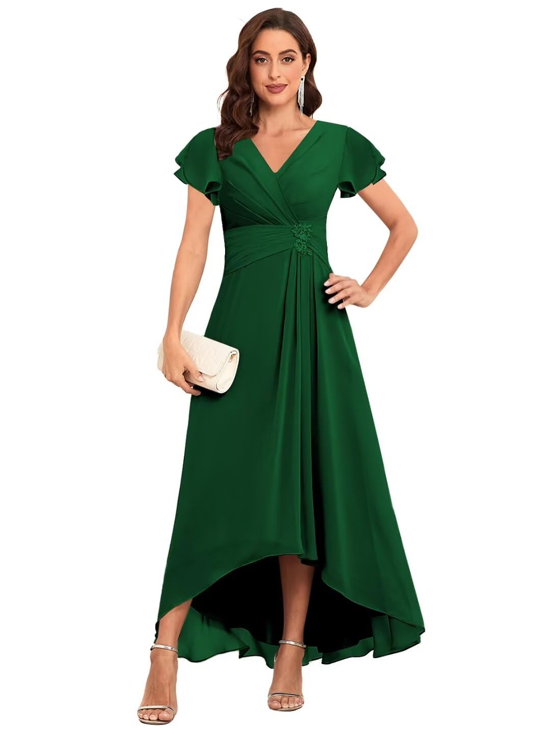 Vnaix BridalsTea Length Mother of The Bride Dresses Chiffon Lace Appliques V Neck Formal Dresses with Sleeves