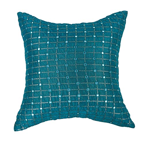 Image of Teal Decorative Cushion Covers 20x20 inches Set of 2, Silk Embroidered Pillow Covers, Turquoise Throw Pillows