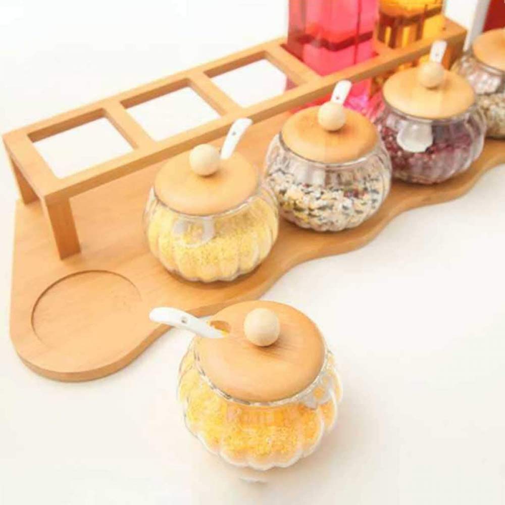 Set da 10 Pezzi, vasetto di spezie in Vetro Solido, Olio di aceto, ampolla liquida, con ripiano in Legno di bambù, Barattolo di spezie da Cucina con Cucchiaio