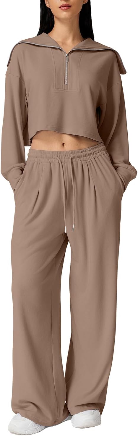 QINSEN Women Cozy 2 Piece Lounge Matching Set Wide Leg Sweatpants Half Zip Crop Sweatshirt Outfits