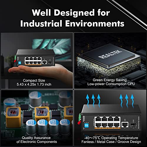 Image of MokerLink 10 Port PoE Industrial Din Rail Switch, 8 Ports PoE+ 100Mbps IEEE802.3af /at, 1 Gigabit Ethernet and 1 SFP Uplink, Vlan & Extend Mode, DIN-Rail & Wall Mount
