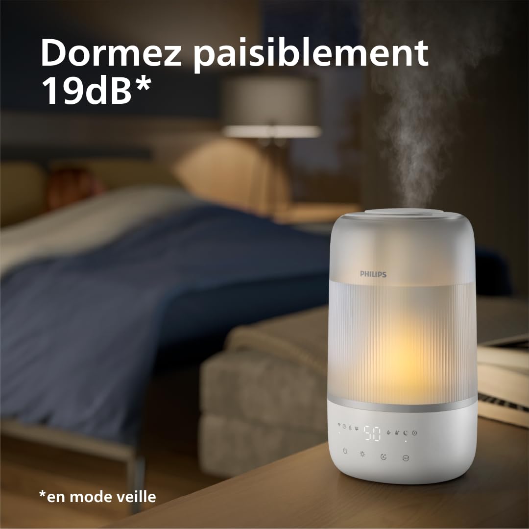 Philips Humidificateur intelligent - Compact mais puissant avec Sky High Mist, jusqu'à 32 heures d'autonomie, silencieux avec réglage du sommeil et veilleuse, pour jusqu'à 38 m² (HU1509/00)