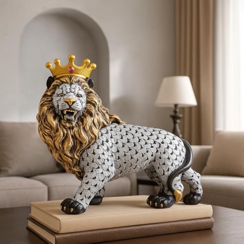 Image of Xtore Regal Lion with Crown Figurine | Resin Home Decor Accent | Unique Art Piece for Living Room, Office, or Shelf | Symbol of Strength and Royalty | Luxurious Animal Decor