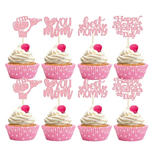 24Pcs Happy Mother's Day Cupcake Toppers Glitter Best Mom Cupcake Picks Love You Mom Cake Decorations for Happy Mother's Day Birthday Party Cake Decorations Supplies Pink