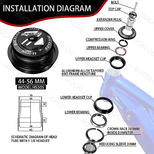 Bucklos 1-1/8 Bike Headset Mtb Threadless 34 44 44-50.6 44-55 44-56 41.8-52Mm, Straight Tapered Tube Mountain Bikes Road Bicycle Double Sealed Bearings Headsets thumb #1