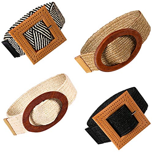 PROLOSO 4 Pcs Straw Woven Elastic Stretch Waist Belts Women Skinny Dress Belt Rattan Wood Buckle Belts Fashion Boho Dress Band