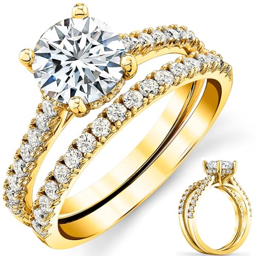 2 Carat Round-Cut Moissanite Under Halo Bridal Set Engagement Wedding Ring 18K Yellow Gold over Silver