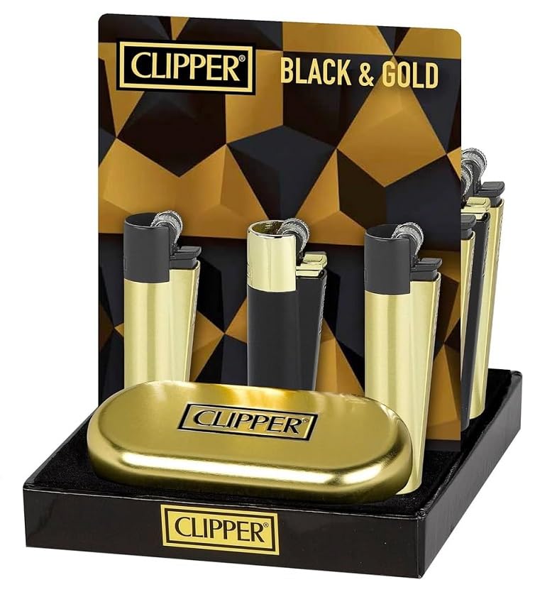 Encendedor Clipper Metal Negro y Dorado con Estuche Protector