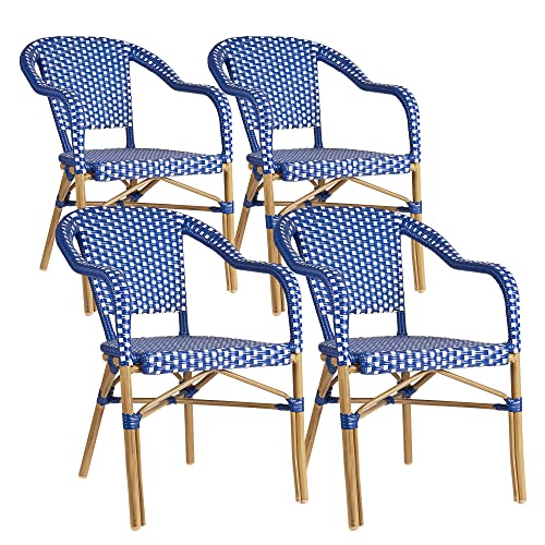 Image of PURPLE LEAF Outdoor French Bistro Arm Chairs Set of 4, Bamboo Finish, Blue