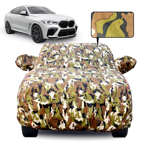 Image of Waterproof Car Body Cover for BMW X6 with Mirror Pocket, Soft Cotton Lining, Triple Stitched, Full Bottom Elastic (Heat Resistant Jungle Print with Red Piping)