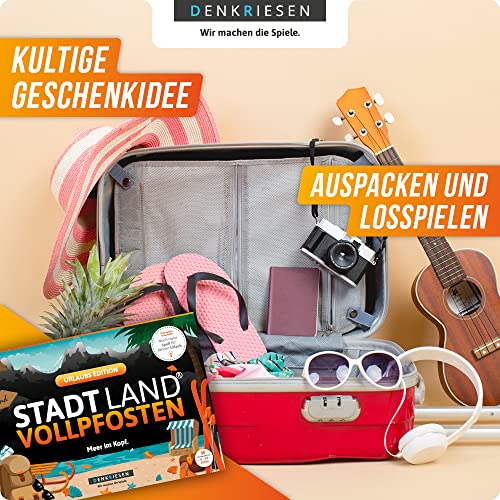 DENKRIESEN - Stadt Land VOLLPFOSTEN® - Urlaubs Edition | DIN A4 Spielblock | Ab 9 Jahren | Familienspiel | Stadt Land Fluss | Ferien & Reisen Thema | 26 Kategorien | Perfekt für Reisefans und Familien