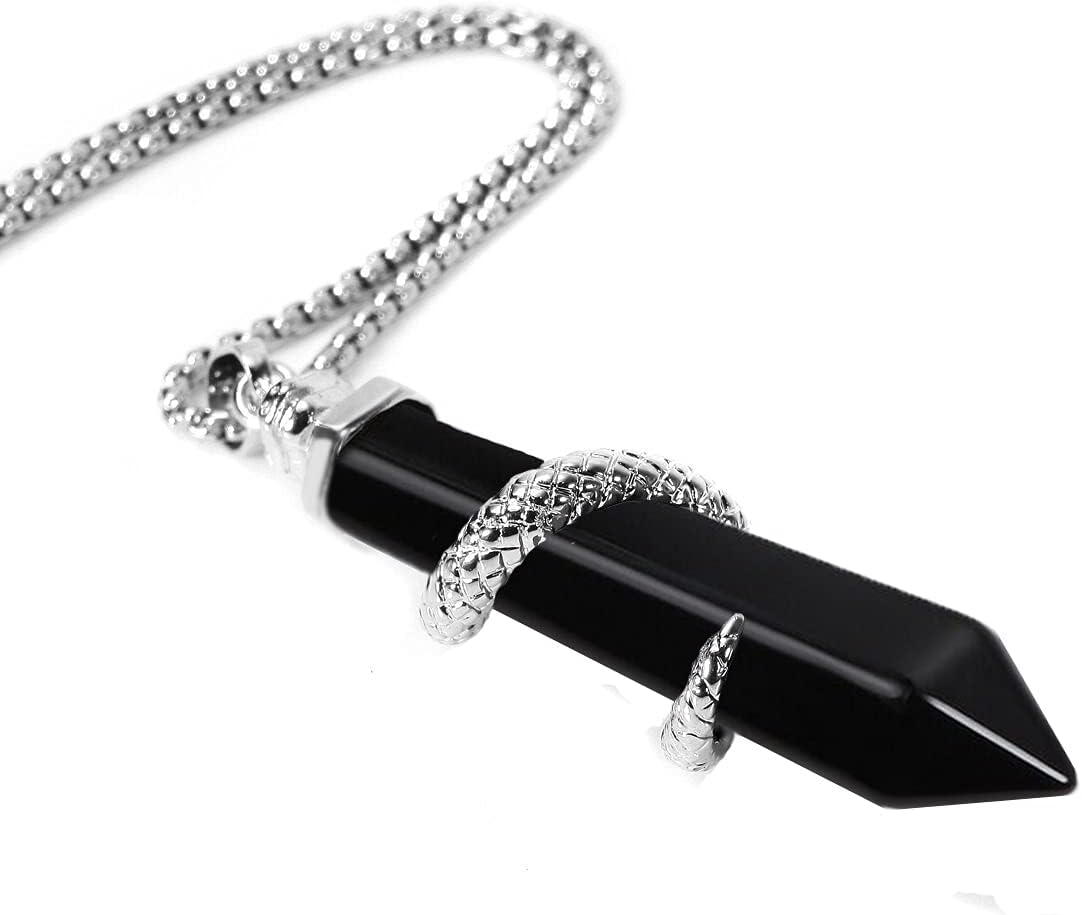 BEADNOVA Healing Crystal Necklace for Women Men Obsidian Snake Tail Wrap Pendant Energy Healing Gemstones Jewelry Pendulum Crystal Divination (Hexagonal, 18 Inches Stainless Steel Chain) - Image 3