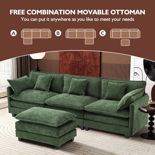 Image of Ihanherry 111.4 inch L Shaped Modern Sofa Modular Sectional Cloud Couch with Ottoman, 4-Seat Chenille Deep Seat Sofa with Pillow for Living Room, Bedroom and Apartment, Green
