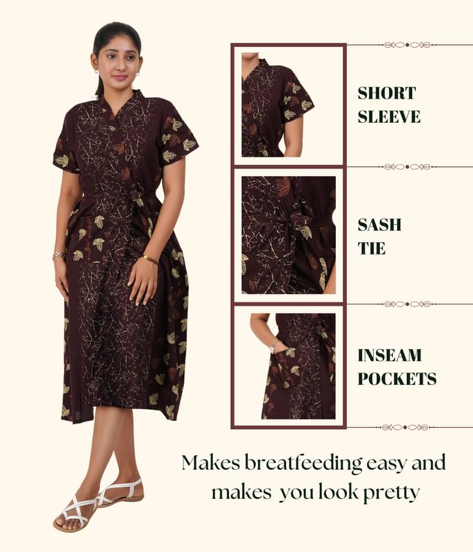Image of MENMAII Cotton Feeding Robe for Women | Soft Breathable Maternity & Nursing Wear | Front Open Easy Feeding Access | Comfortable Nightwear for New Moms|Calf Length [Size: L,XL,XXL,3XL /FS]