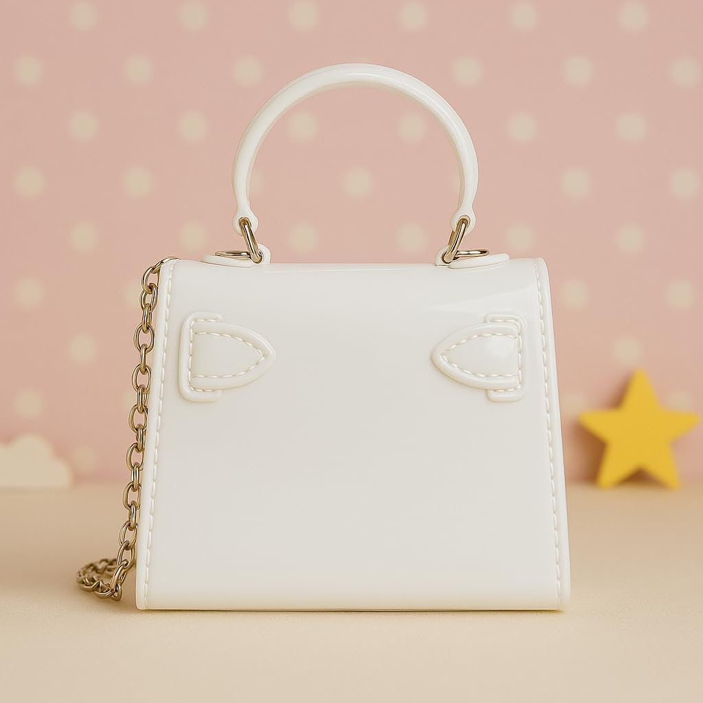 Ivory White Glossy Mini Purse for Kids – Cute Bear, Cloud & Lollipop Details with Chain Strap