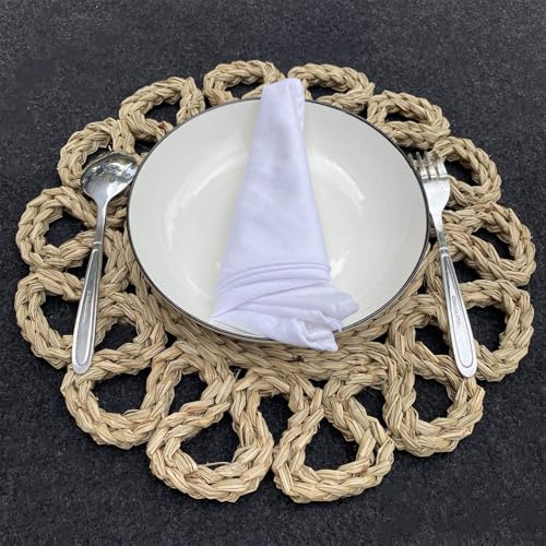 Image of Laquedecraft 13.8 inch Set of 6 Seagrass Placemats | Boho Woven Rattan Table Mats | Farmhouse Wicker Spring Plate Chargers Like Water Hyacinth, Seagrass for Wedding, Party, Christmas, Events