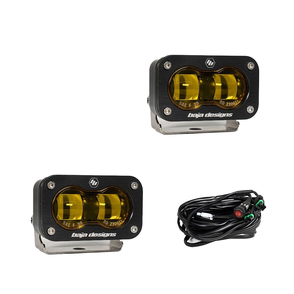 Baja Designs S2 SAE Fog Lights, Auxiliary LED Light Pods (PAIR), Road Legal, Universal Fit with Wiring Harness, 2 PCS LED (Amber)
