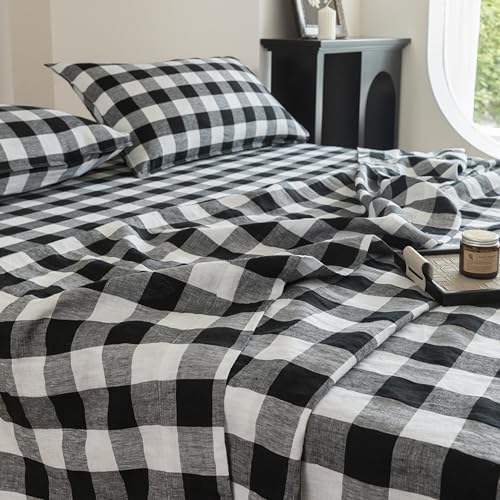 EVERLY Linen Sheets Set King Size,100% French Stonewash Pure Linen Bed Sheets,4Pieces (1Flat Sheet,1Fitted Sheet,2Pillowcase) Suitable for Hot Sleepers,Deep Pocket Natural Bedding Set-Black Plaid