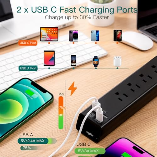 Image of Surge Protector Power Strip - 2ft Extension Cord with 6 AC Outlets 4 USB