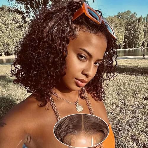 Image of Wear and Go Glueless Wigs Human Hair Pre Plucked Pre Cut Chocolate Brown Lace Front Wigs for Black Women 180 Density Water Wave Bob Wig Human Hair Colored Curly Wig (Chocolate Brown Color, 12 Inch)