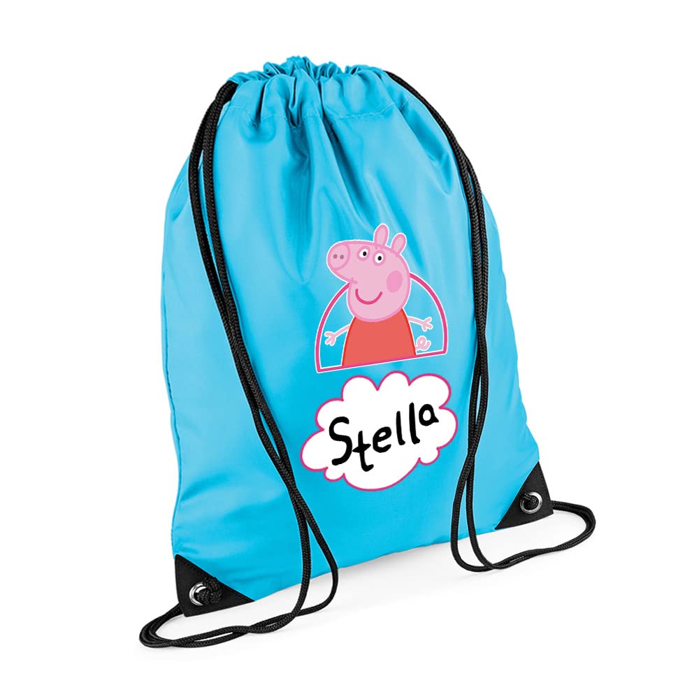 Cute Pig Bag Personalised Backpack Pig Bag Gift for Kids-Girl Toddlers Birthday Girl Drawstring Bag, PE Gym Kit Swimming, Sport Rucksack. (Surf Blue)