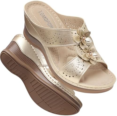 TEMOFON Womens Wedge Sandals Leather: Dressy Sandal, Rubber Sole, Comfortable Walking, Casual Slip on Summer Shoes, Size 5-11