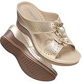 TEMOFON Womens Wedge Sandals Leather: Casual Dressy Women Champagne Gold Summer Platform Wedge Sandals Slip on Low Heels Comfortable Walking Size 9