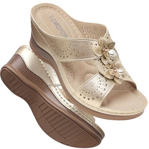 Image of TEMOFON Womens Wedge Sandals Leather: Comfortable Walking Shoes Summer | Fit Wide Foot - Cute Style - Wear True Size 5-11