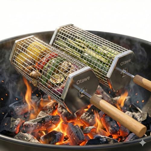 2 Pack Rolling Grill Basket – Stainless Steel Grilling Basket with Lid and Removable Wooden Handle – BBQ Accessories for Vegetables, Shrimp, Meat – Outdoor Cooking Gift for Dad or Husband – Otawe