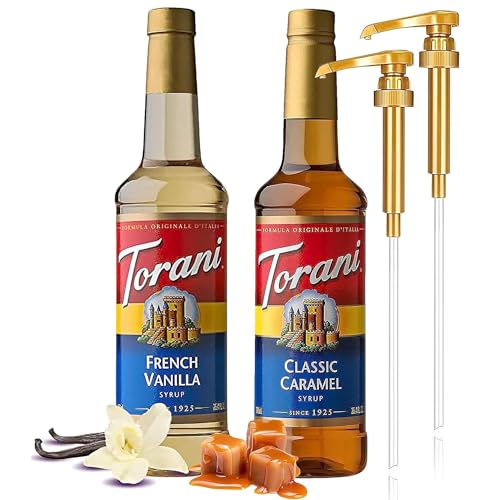 Premium French Vanilla Syrup and Classic Caramel 750 ml Coffee Syrup Flavoring With Alpha Pantry Gold Pump Coffee Syrup Dispenser