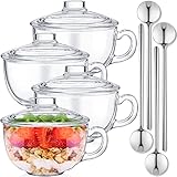 Didaey Set of 4 Glass Cereal Bowls Microwave Safe Glass Soup Bowls with Handle and Spoon Clear Oatmeal Glassware Mixing Ramen Pot Coffee Mugs with Lids Milk Breakfast Mug for Yogurt 20 Oz/ 600 ml