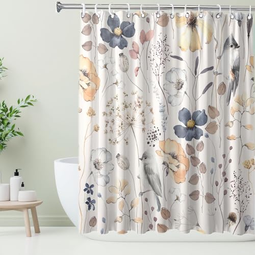 Image of Flower Floral Shower Curtain, Watercolor Wildflower with Botanical and Birds Fabric Shower Curtains Set, Boho Plants Shower Curtains with Hooks, Minimalist Bthroom Decor 72x72inch