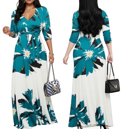 Image of Women's Church Maxi Wrap V Neck 3 /4 Sleeve Tie Waist Plus Size Long Dress | Flattering wrap V-neck design enhances curves. High elastic tie waist accentuates the slimmest part, hides tummy.