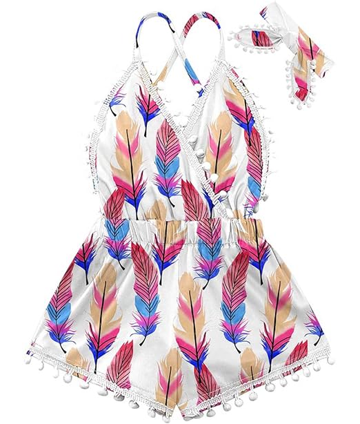 Image of UNICOMIDEA Baby Girls Outfits Unisex Baby Jumpsuits Cool Pink One-Pieces Pom Pom Rompers Bright Color Sleeveless Bodysuit Play Suits with Headband for 6-12 Months Infant Baby