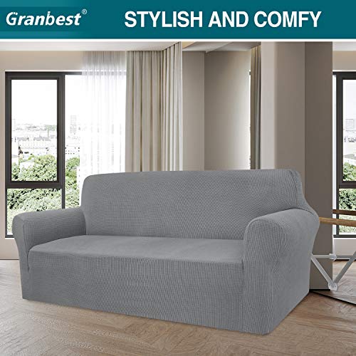 Granbest High Stretch Sofabezug Moderne Sofaüberwurf Jacquard Elastische Sofahusse für Wohnzimmer Protector für Hunde Haustiere (3 Sitzer, Hellgrau)