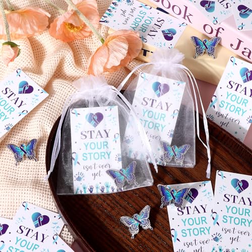 50 Sets Suicide Prevention Awareness Favors Butterfly Ribbon Lapel Pins Purple Teal Hope Faith Badges Brooch with Motivational Cards Organza Bags Gifts for Charity Campaign Party Supplies4