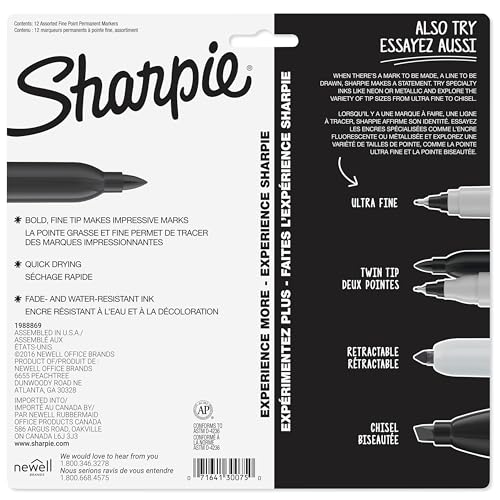 Image of Sharpie Permanent Markers, Fine Tip,Quick Drying, Fade Resistant, Arts & Crafts, Desk, Office Supplies 12 Count (Pack of 12)