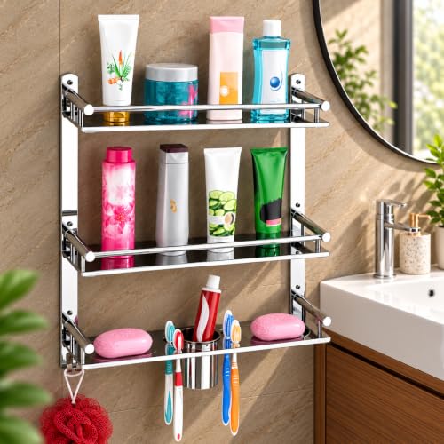 Oslen Stainless Steel 3 Layer Multipurpose Use Shelf Organizer Bathroom Shelf and Rack with Double Soap Dish and Toothbrush Holder Soap Holder Bathroo